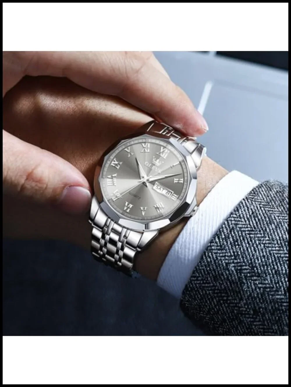 OLEVS Men's Luxury Waterproof Watch, Stainless Steel Bracelet, Roman Numerals,
